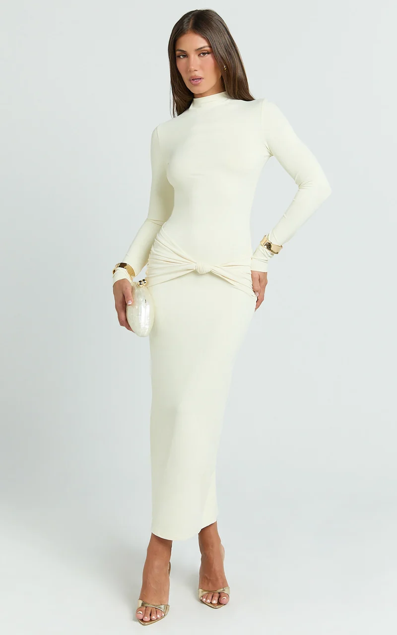 Amelita Midi Dress - Long Sleeve Knot Detail Dress in Cream