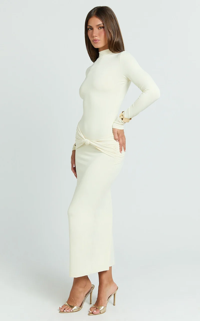 Amelita Midi Dress - Long Sleeve Knot Detail Dress in Cream
