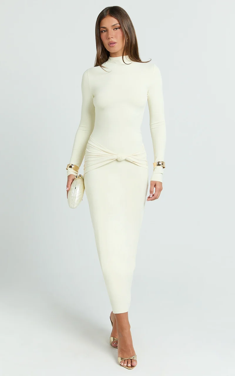 Amelita Midi Dress - Long Sleeve Knot Detail Dress in Cream