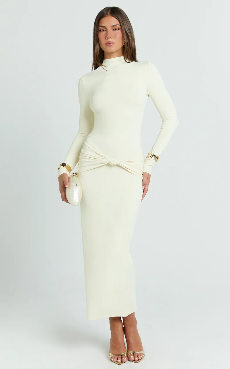Amelita Midi Dress - Long Sleeve Knot Detail Dress in Cream