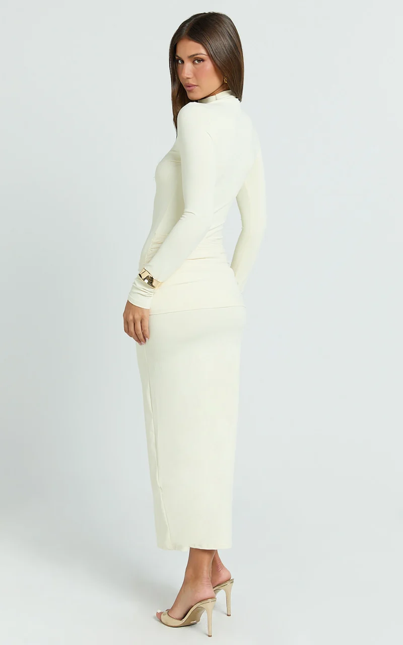 Amelita Midi Dress - Long Sleeve Knot Detail Dress in Cream