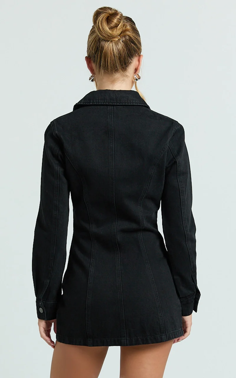 Shawn Mini Dress - Long Sleeve Button Down Denim Shirt Dress in Black
