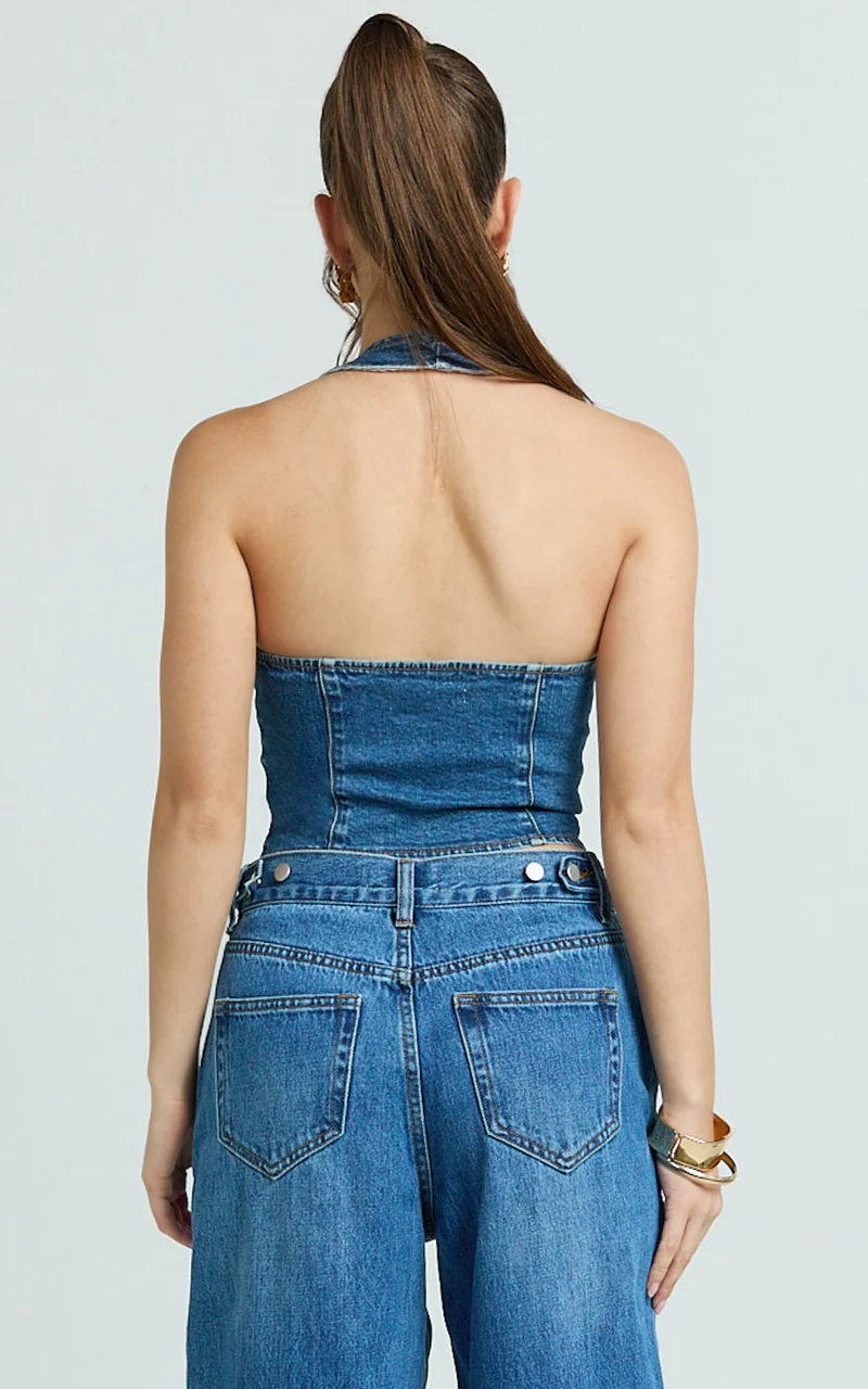 Stephanie Top - Zip Through Halter Neck Denim Top in Dark Blue Wash