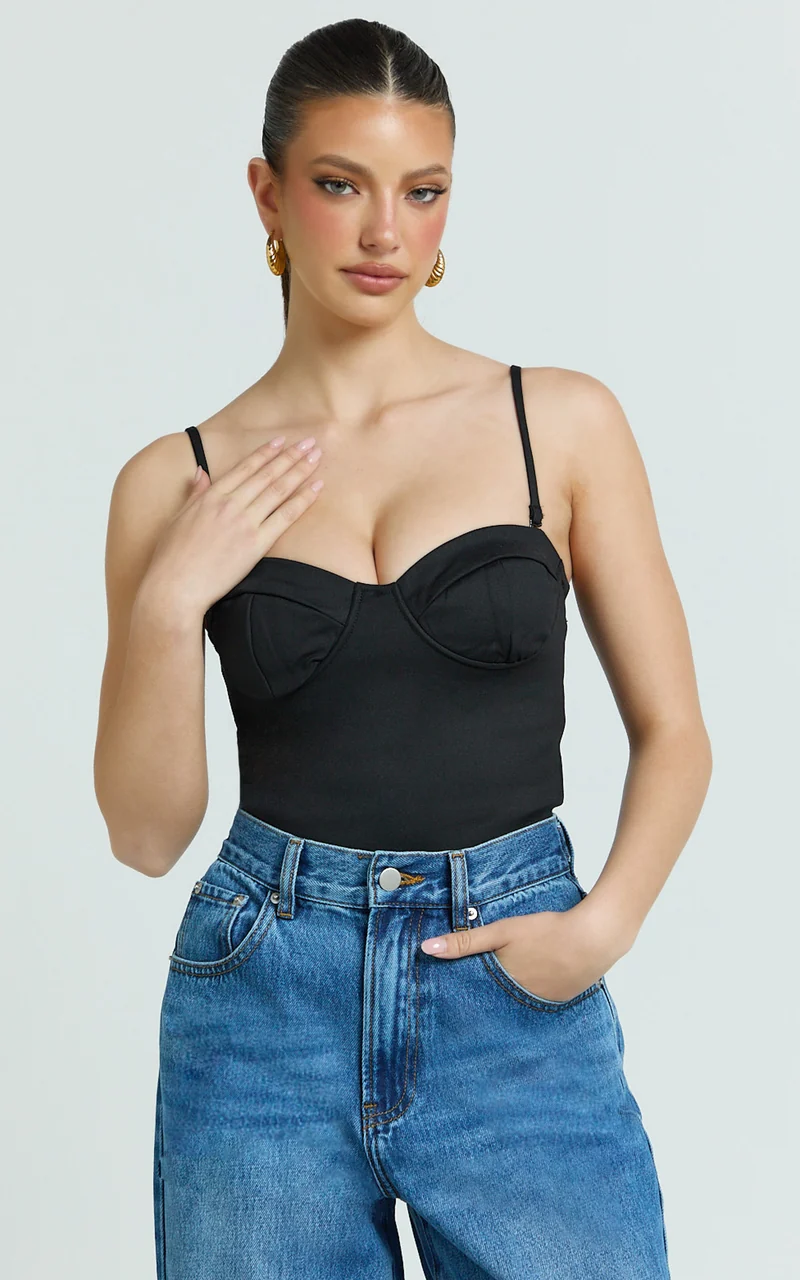 Wenalyn Bodysuit - Removable Straps Balconette High Leg Bodysuit in Black