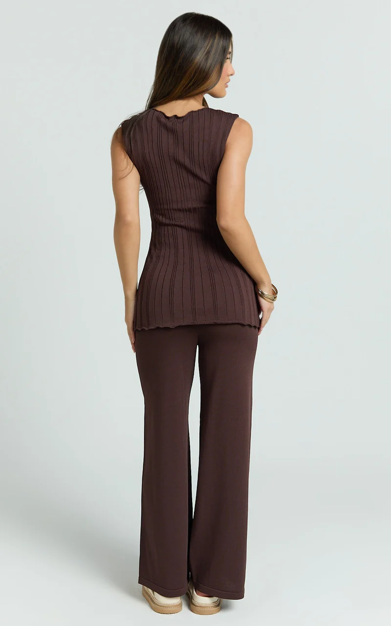 Elodie Two Piece Set - Rib Knit Top and Pant Set in Chocolate