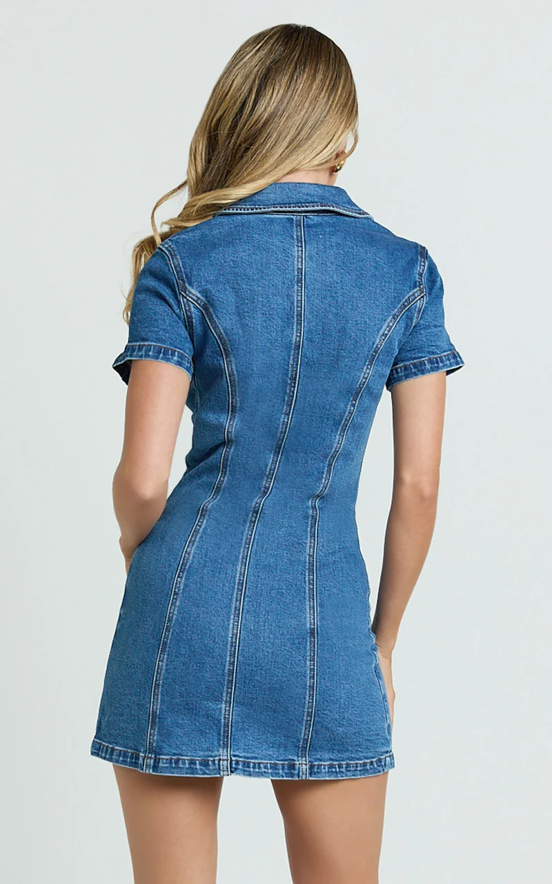 Laine Mini Dress - Button Down Denim Shirt Dress in Mid Blue Wash