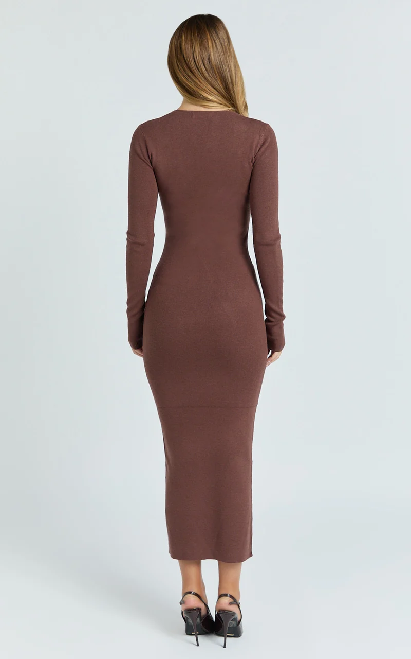 Odessa Midi Dress - U Neck Long Fitted Sleeve Sheer Waist Fitted Knit Dress in Chocolate