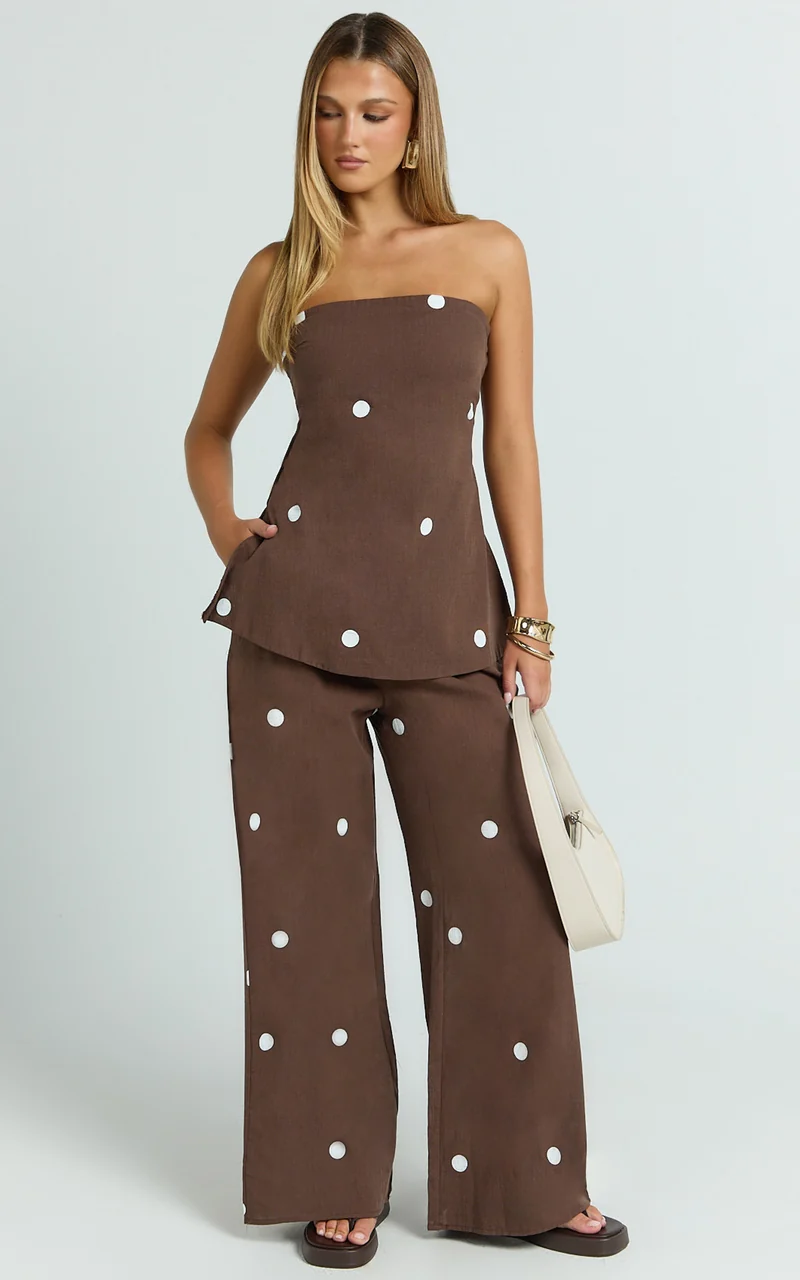 Skye Two Piece Set - Strapless Longline Top and Pant Set in Chocolate Polka Dot