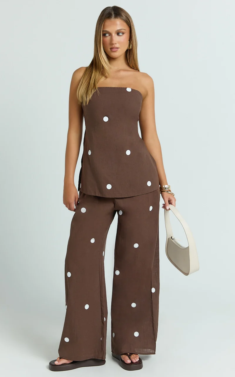 Skye Two Piece Set - Strapless Longline Top and Pant Set in Chocolate Polka Dot