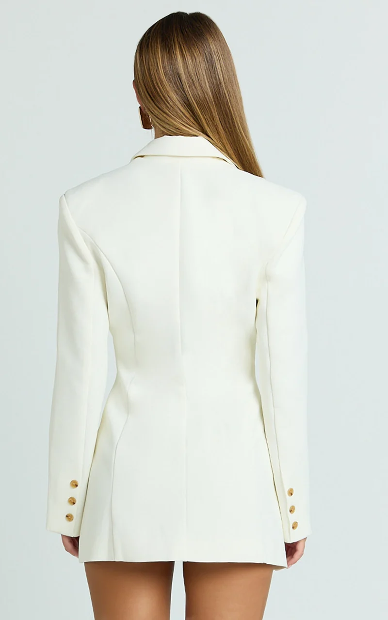 Shelley Mini Dress - Collared Double Breasted Blazer Dress in Cream