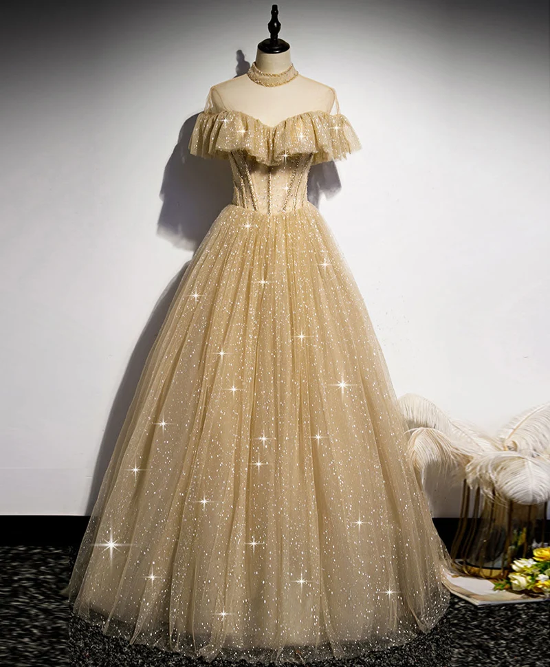 Robe de soirée longue champagne en tulle à paillettes pour demoiselle d'honneur