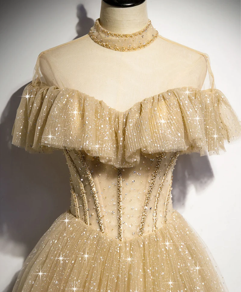 Robe de soirée longue champagne en tulle à paillettes pour demoiselle d'honneur