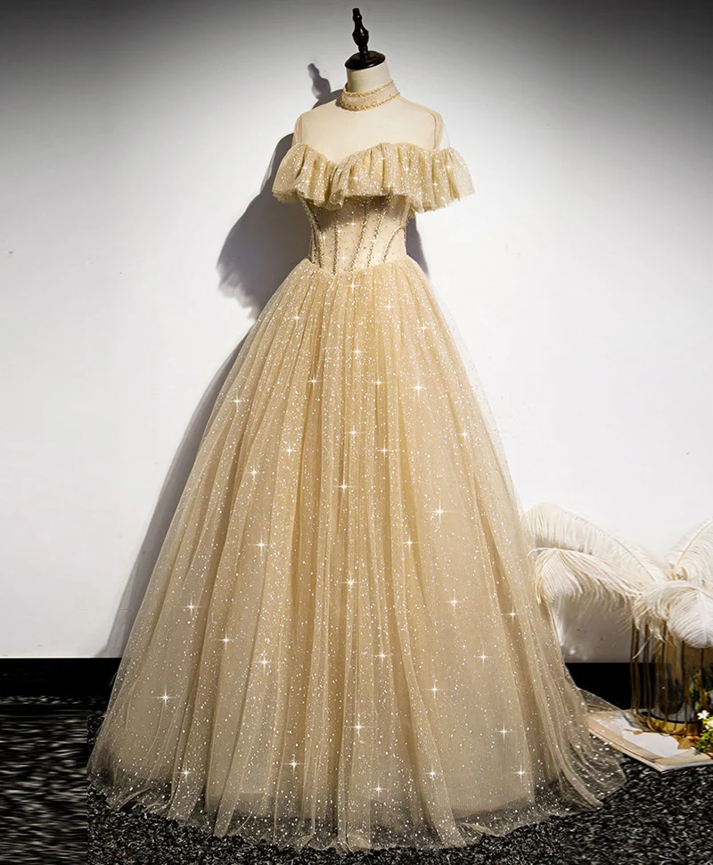 Robe de soirée longue champagne en tulle à paillettes pour demoiselle d'honneur
