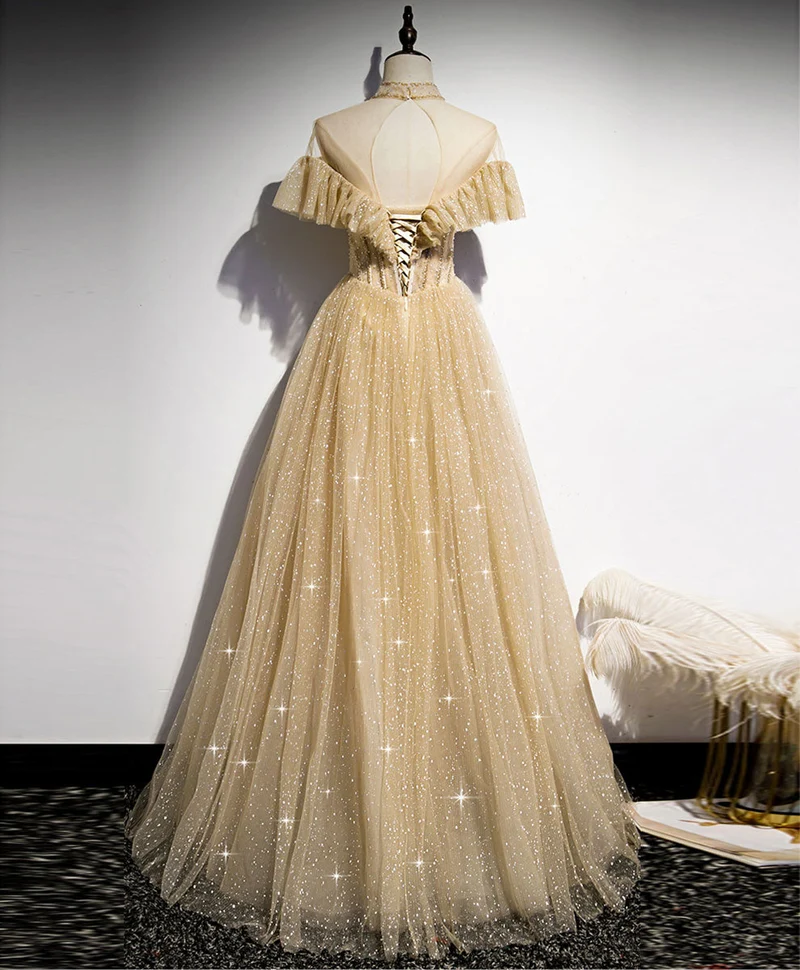 Robe de soirée longue champagne en tulle à paillettes pour demoiselle d'honneur