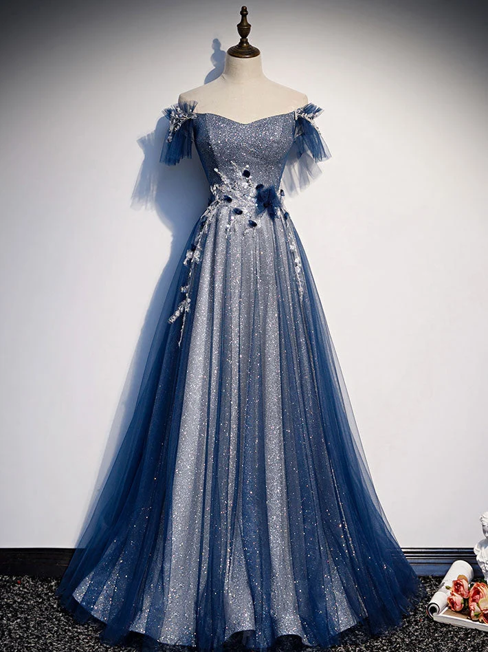 Robe de bal longue en tulle et dentelle bleu pailleté