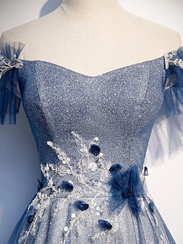 Robe de bal longue en tulle et dentelle bleu pailleté