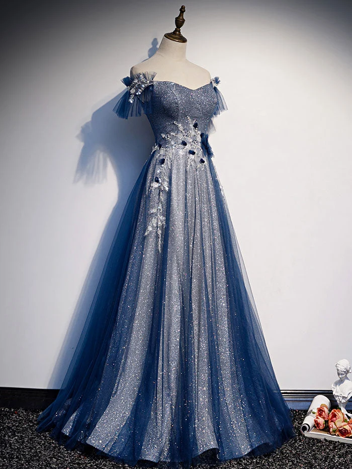 Robe de bal longue en tulle et dentelle bleu pailleté