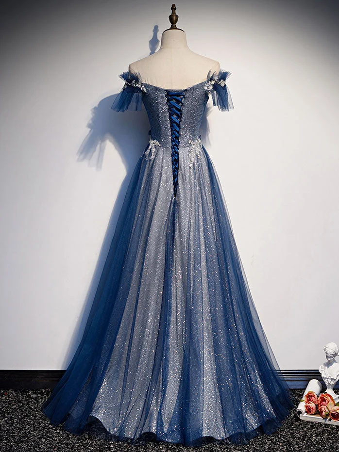 Robe de bal longue en tulle et dentelle bleu pailleté