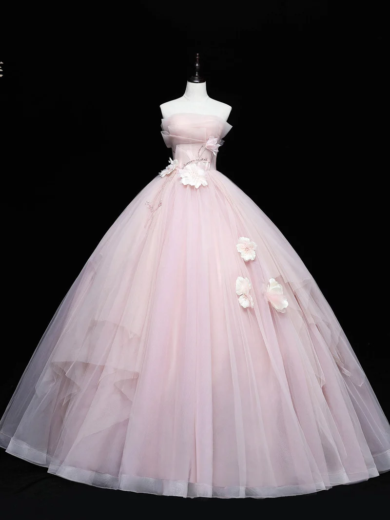 Robe de bal longue en tulle rose avec appliques en dentelle, tenue de soirée rose