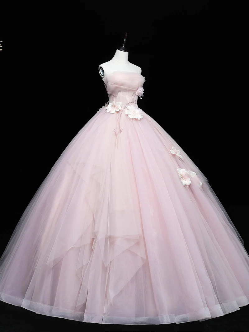 Robe de bal longue en tulle rose avec appliques en dentelle, tenue de soirée rose