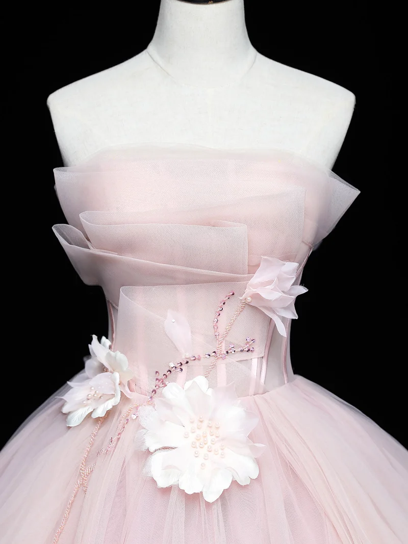 Robe de bal longue en tulle rose avec appliques en dentelle, tenue de soirée rose