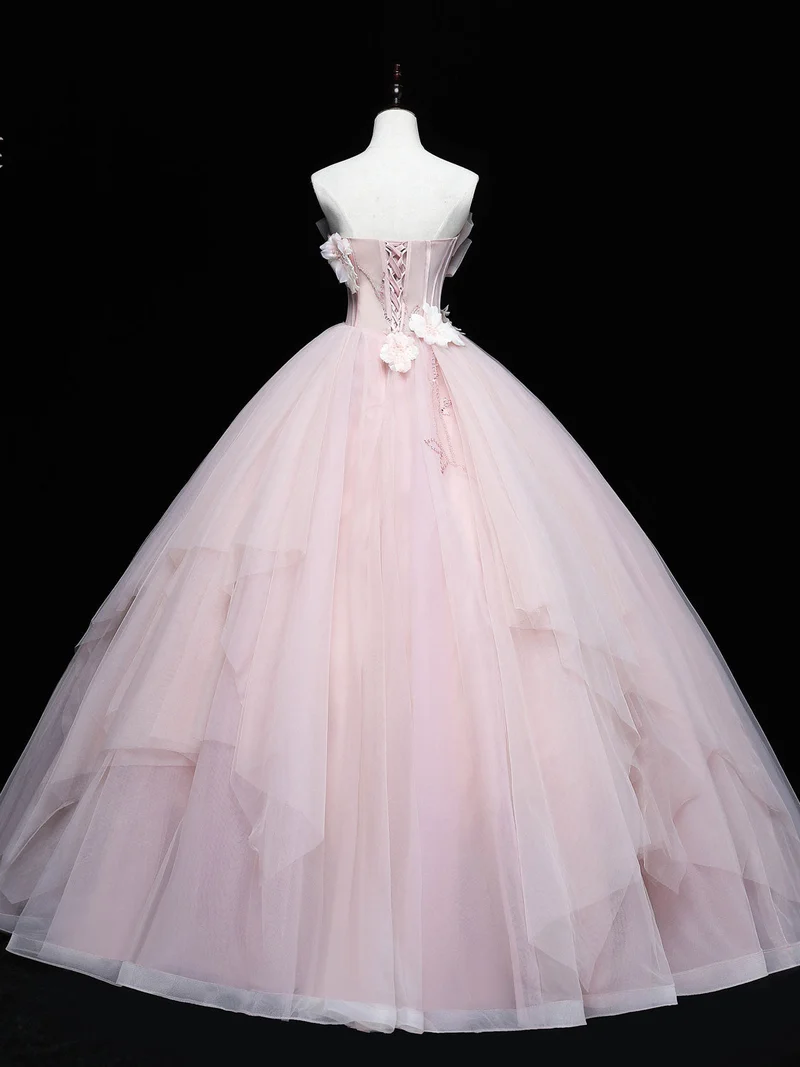 Robe de bal longue en tulle rose avec appliques en dentelle, tenue de soirée rose