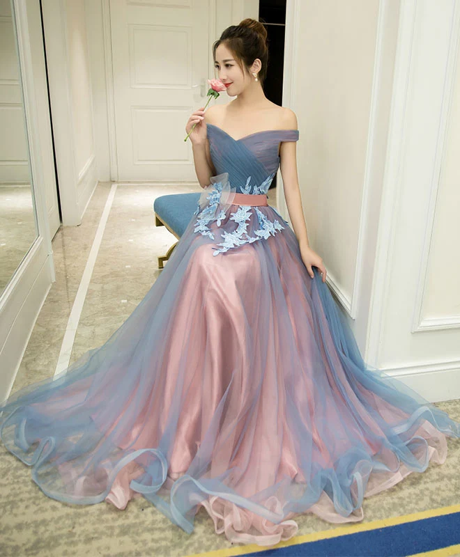 Robe de soirée longue en tulle gris bleu à épaules dénudées
