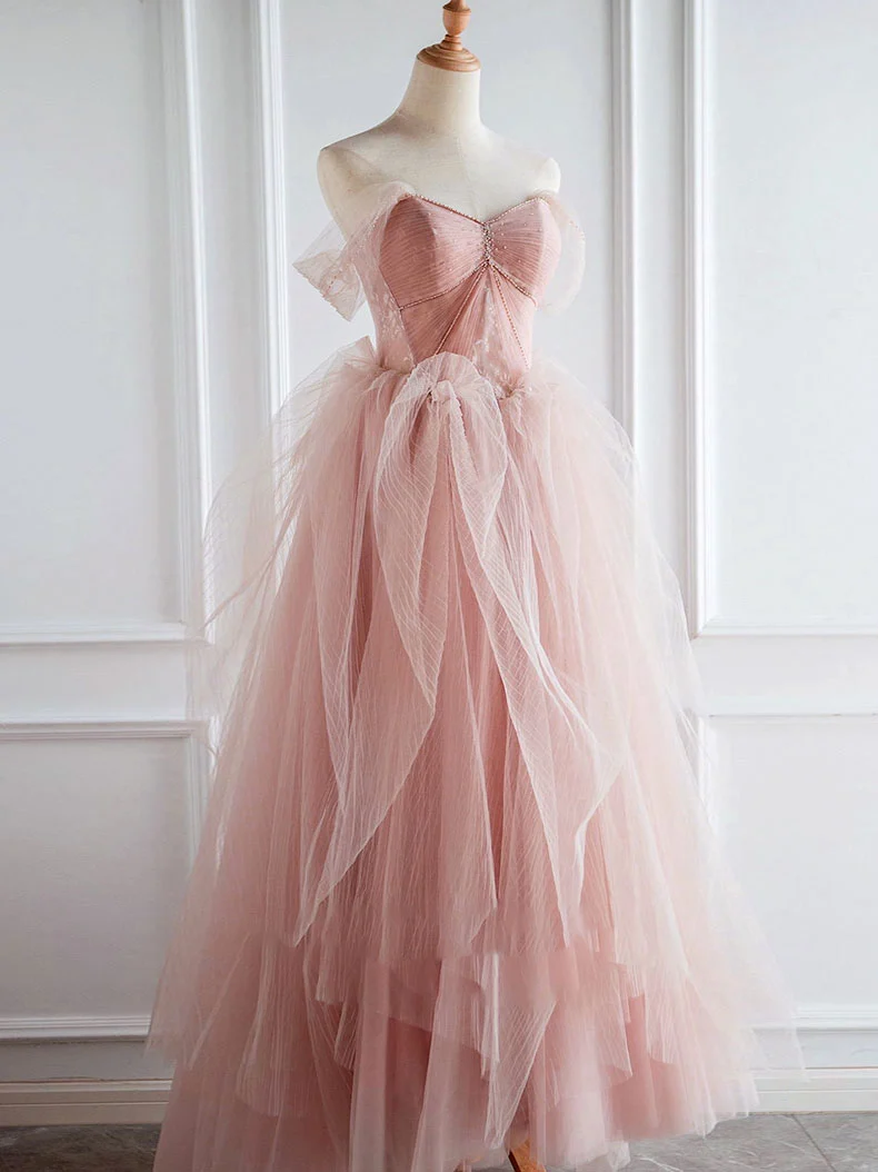 Robe de bal longue en tulle rose à col en cœur