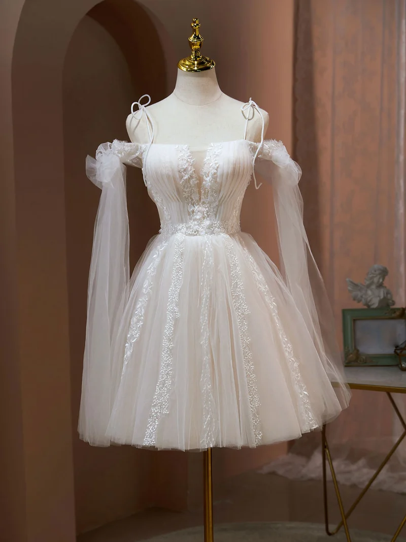 Robe de bal de fin d'année champagne en tulle, courte, épaules dénudées, dentelle