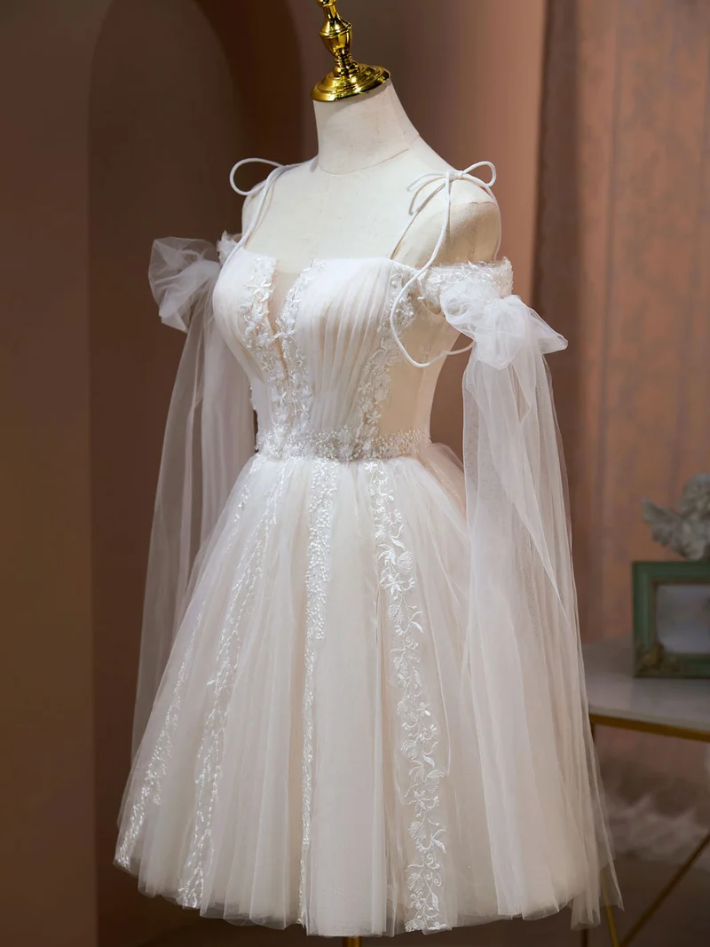 Robe de bal de fin d'année champagne en tulle, courte, épaules dénudées, dentelle