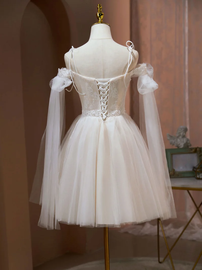Robe de bal de fin d'année champagne en tulle, courte, épaules dénudées, dentelle