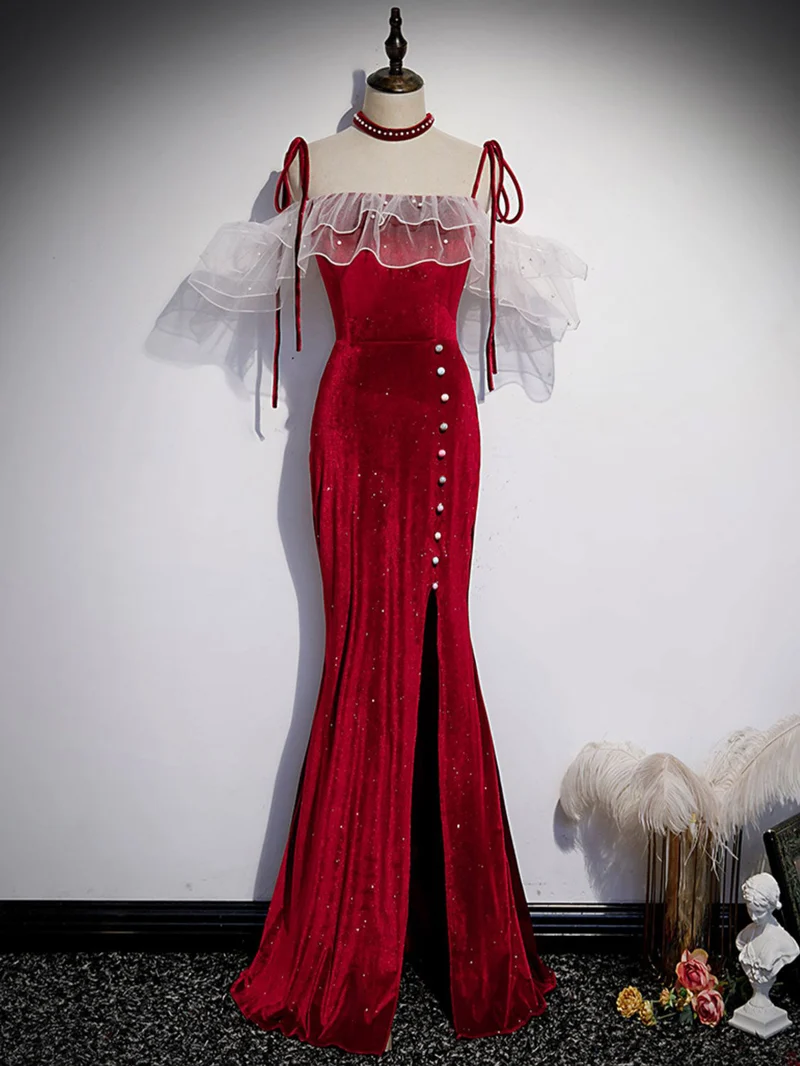 Robe de bal longue sirène bordeaux en velours