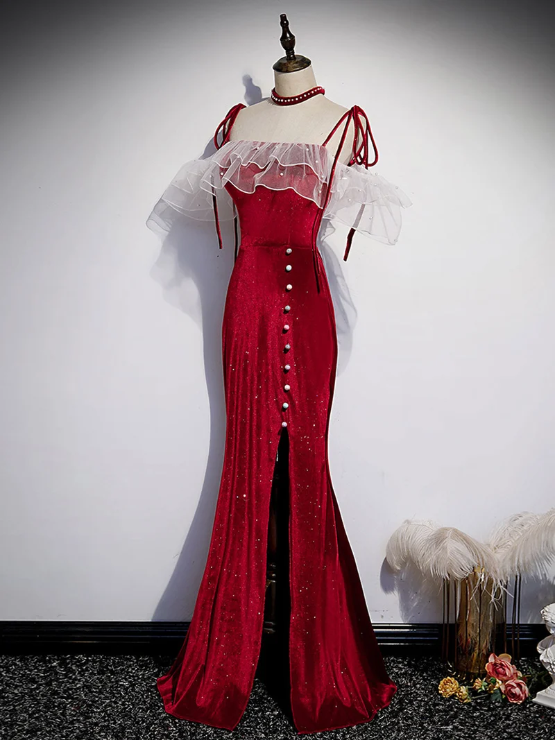 Robe de bal longue sirène bordeaux en velours