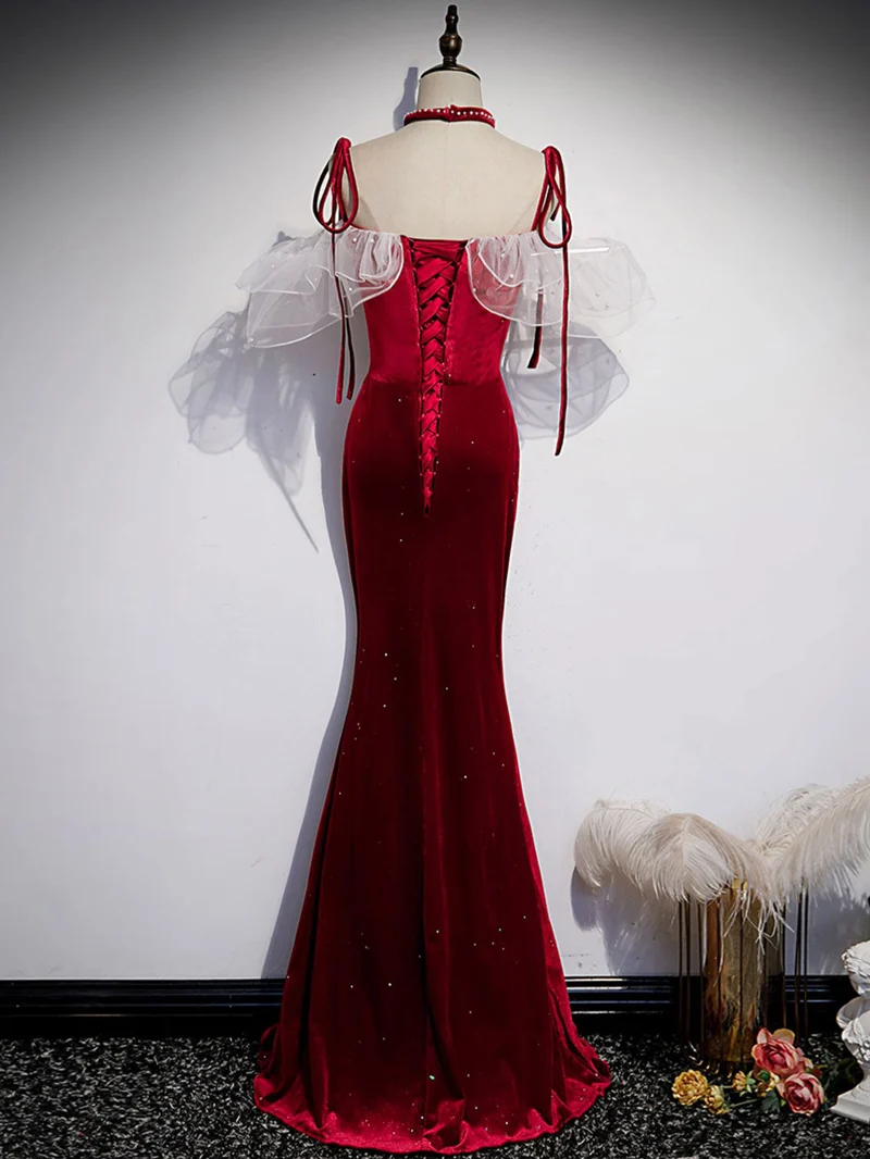 Robe de bal longue sirène bordeaux en velours