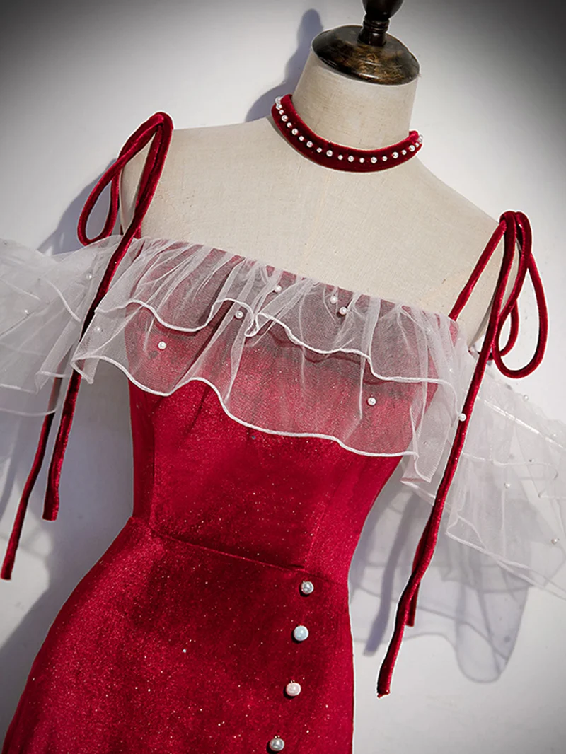 Robe de bal longue sirène bordeaux en velours