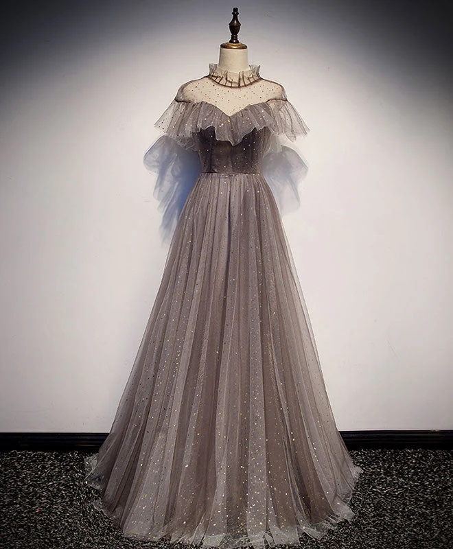 Robe de soirée longue en tulle unique pour femme, grise