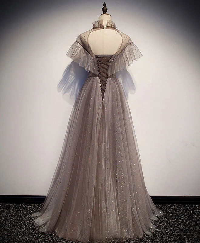 Robe de soirée longue en tulle unique pour femme, grise