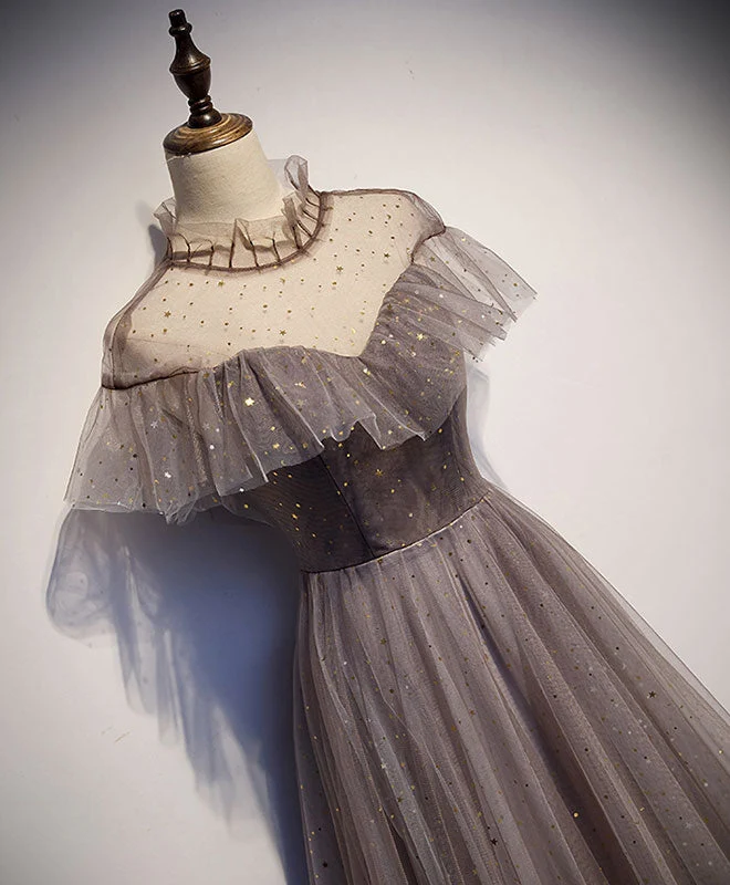 Robe de soirée longue en tulle unique pour femme, grise