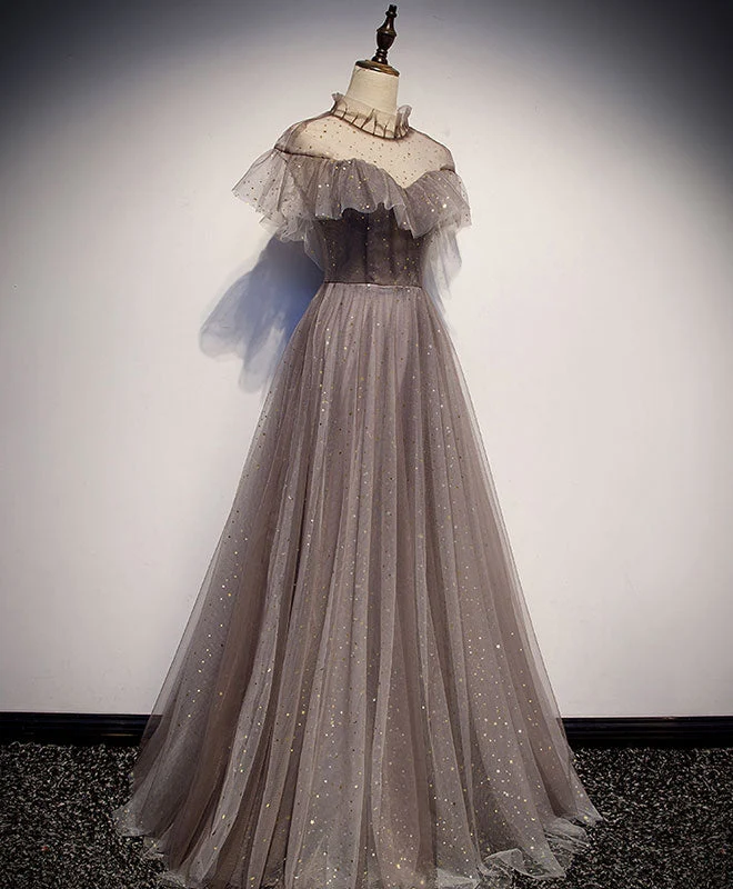 Robe de soirée longue en tulle unique pour femme, grise