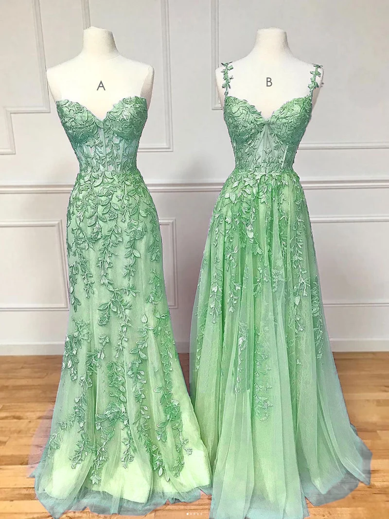 Superbe robe de soirée longue en tulle vert coupe trapèze