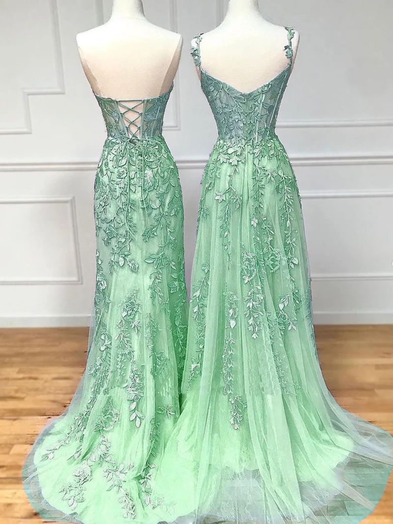 Superbe robe de soirée longue en tulle vert coupe trapèze
