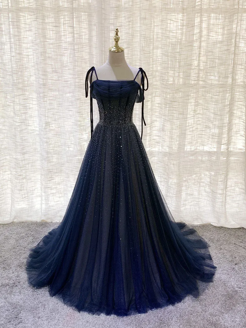 Superbe robe de soirée longue en tulle bleu foncé à paillettes