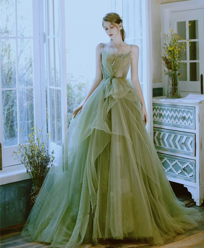 Robe de soirée longue verte élégante en tulle et dentelle