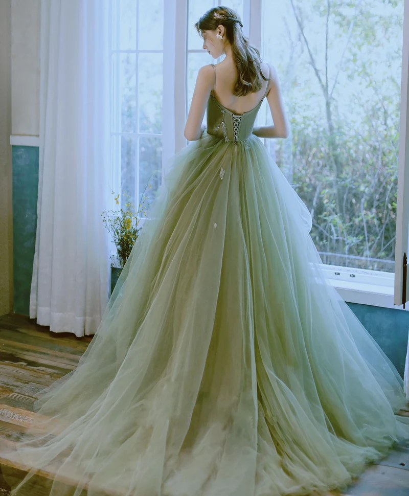 Robe de soirée longue verte élégante en tulle et dentelle