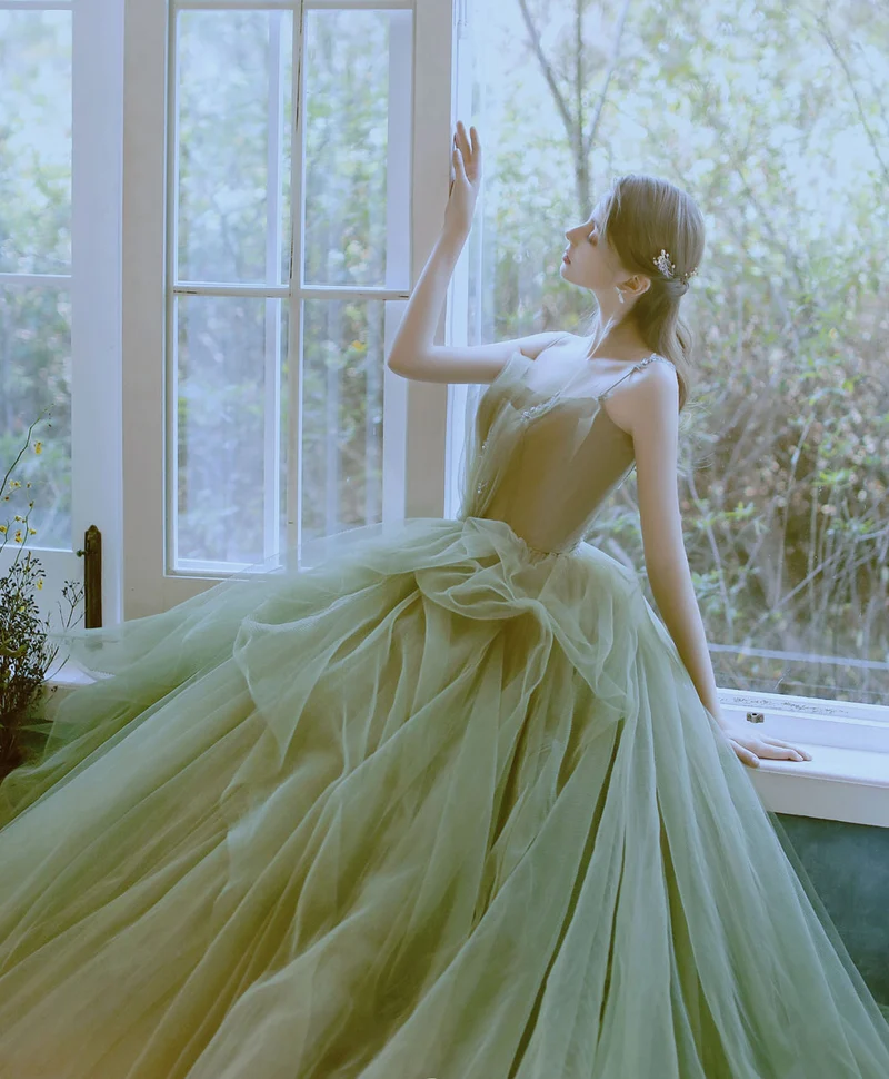 Robe de soirée longue verte élégante en tulle et dentelle