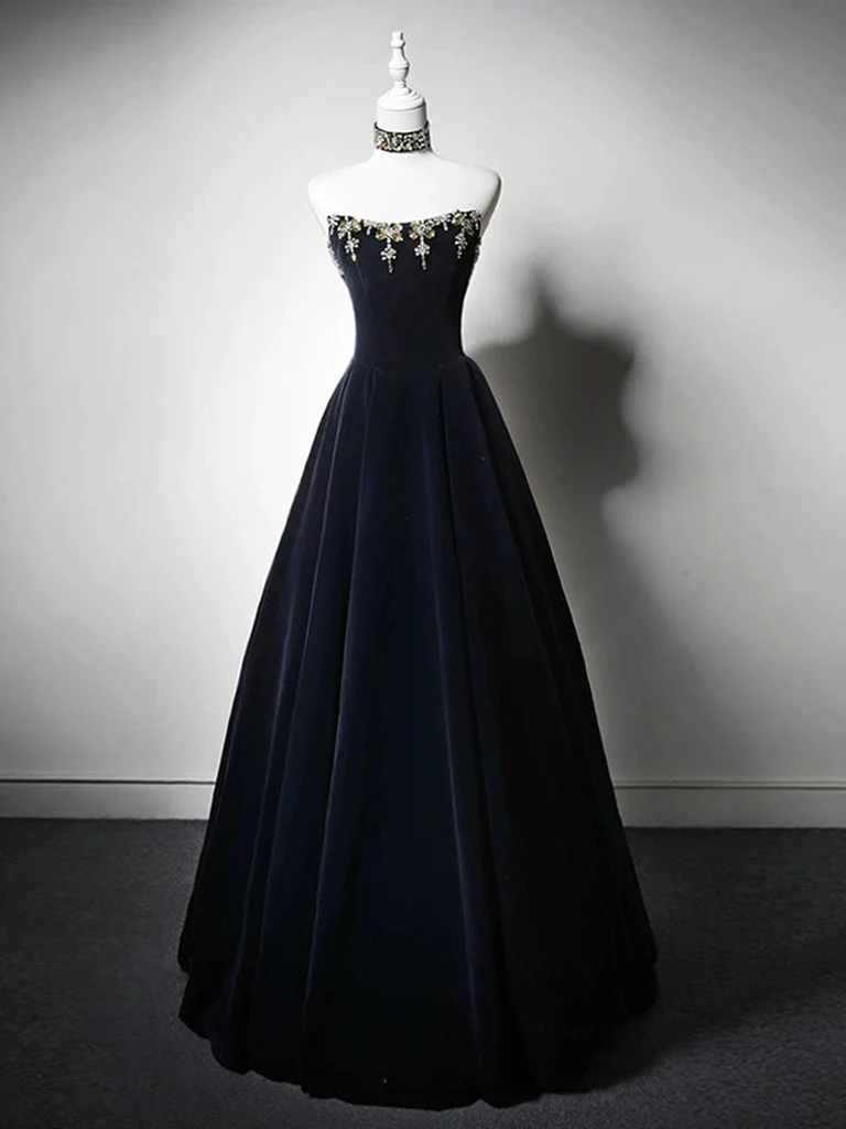 Robe de bal longue en velours bleu foncé, coupe trapèze, simple, avec perles