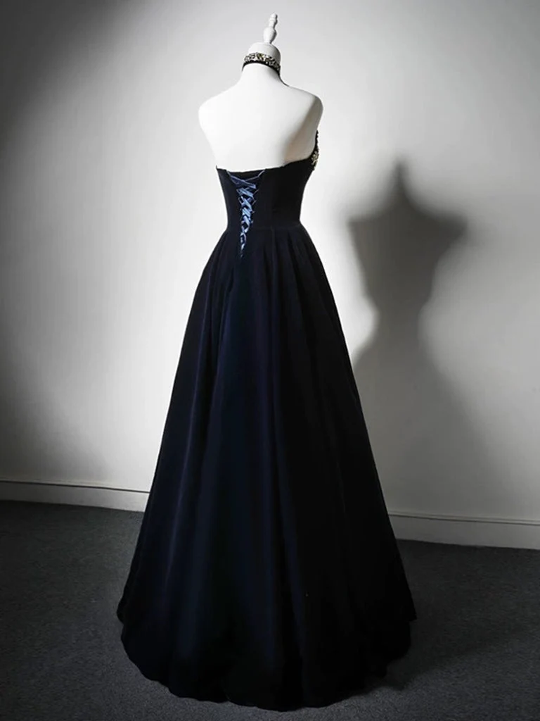 Robe de bal longue en velours bleu foncé, coupe trapèze, simple, avec perles