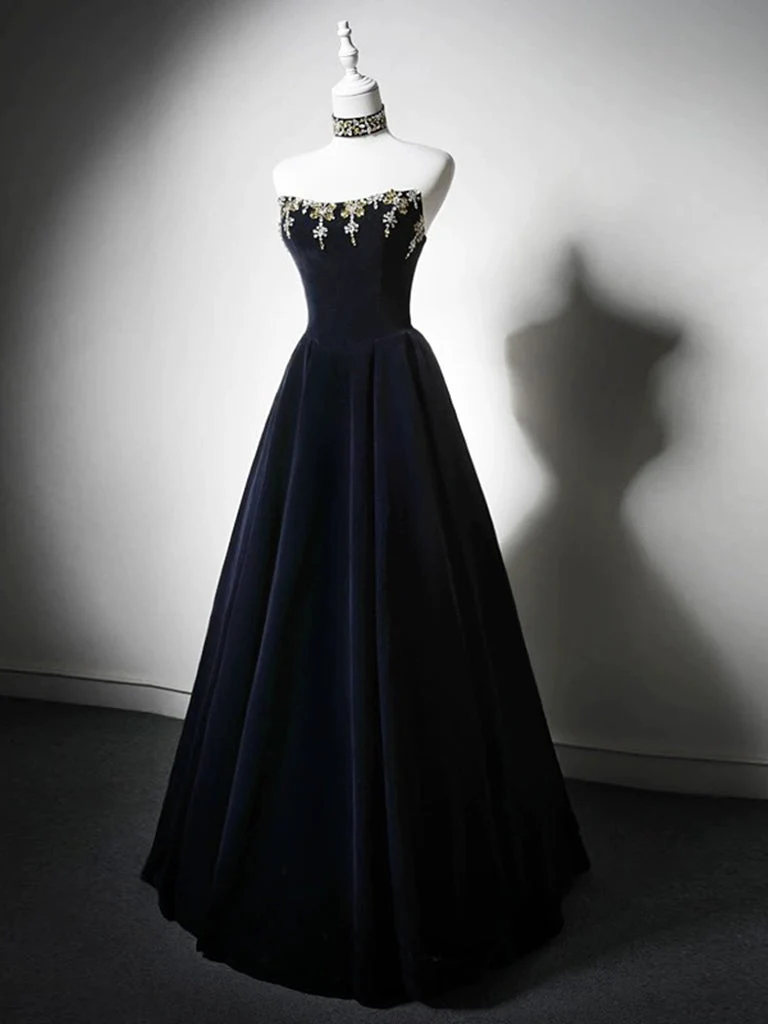 Robe de bal longue en velours bleu foncé, coupe trapèze, simple, avec perles