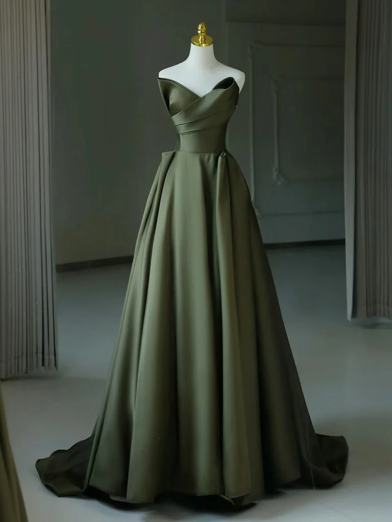 Robe de soirée longue en satin vert, élégante, coupe trapèze, col en V