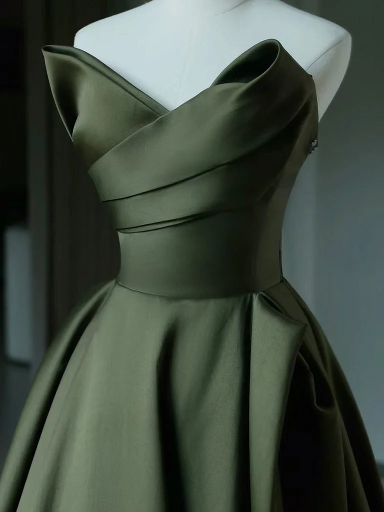 Robe de soirée longue en satin vert, élégante, coupe trapèze, col en V